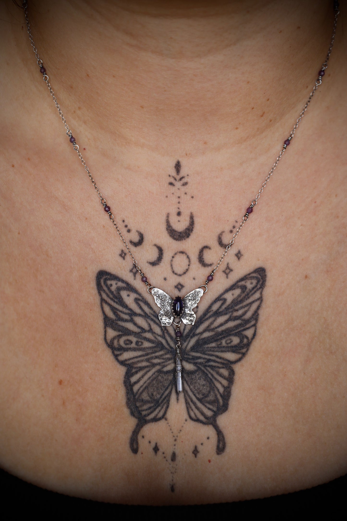 Amethyst and Quartz Crystal Butterfly Necklace in Solid Sterling Silver